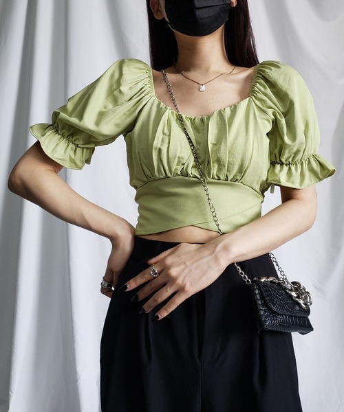 me+em select(ミームセレクト)の「※※【 11色展開 】バックリボンショートパフブラウス(シャツ/ブラウス・レディース・ホワイト/ライトイエロー系/ブラック/ピンク/ブルーグレー/ライトオレンジ系/ブルー/グリーン/グレー/ベージュ/ダークベージュ・FREE)」の8枚目の写真