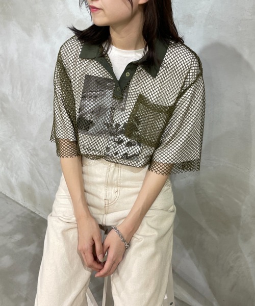 kutir（クティール）の「メッシュポロトップス（ポロシャツ・レディース・ブラック/カーキ/ピンク/アイボリー・FREE）」の3枚目の写真