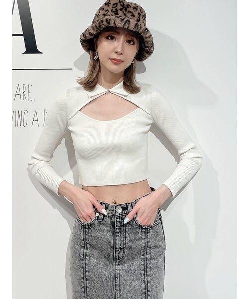 GYDA(ジェイダ)の「デコルテOPEN ポロニットトップス(ニット/セーター・レディース・ブラック/オフホワイト・FREE)」の5枚目の写真