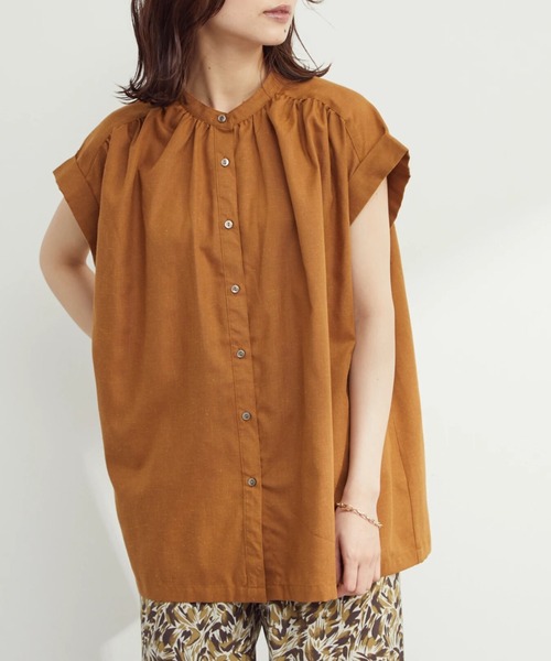 Green　Parks（グリーンパークス）の「バンドカラーショートスリーブブラウス（シャツ/ブラウス・レディース・カーキ/ブルー/キャメル/ブラック・FREE）」の4枚目の写真