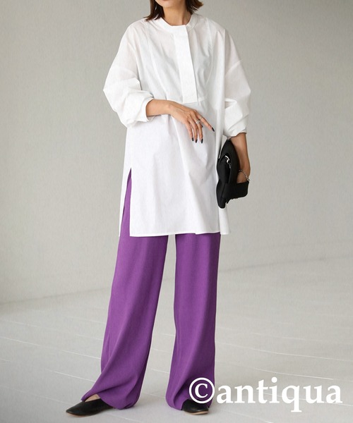 antiqua（アンティカ）の「セルフカット細リブワイドパンツ（その他パンツ・レディース・ブラック/ベージュ/パープル/レッド/グリーン/アイボリー/ダークグレー・FREE）」の6枚目の写真