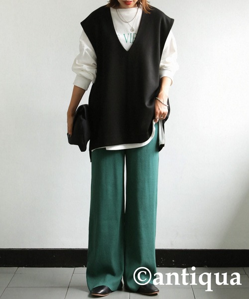antiqua（アンティカ）の「セルフカット細リブワイドパンツ（その他パンツ・レディース・ブラック/ベージュ/パープル/レッド/グリーン/アイボリー/ダークグレー・FREE）」の5枚目の写真