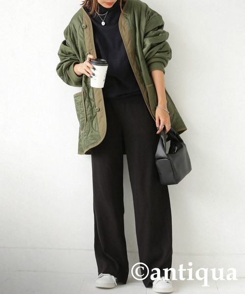 antiqua（アンティカ）の「セルフカット細リブワイドパンツ（その他パンツ・レディース・ブラック/ベージュ/パープル/レッド/グリーン/アイボリー/ダークグレー・FREE）」の14枚目の写真