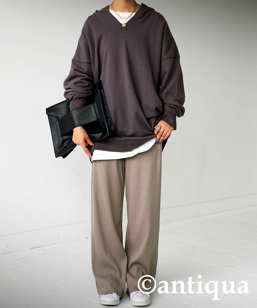 antiqua（アンティカ）の「セルフカット細リブワイドパンツ（その他パンツ・レディース・ブラック/ベージュ/パープル/レッド/グリーン/アイボリー/ダークグレー・FREE）」の20枚目の写真
