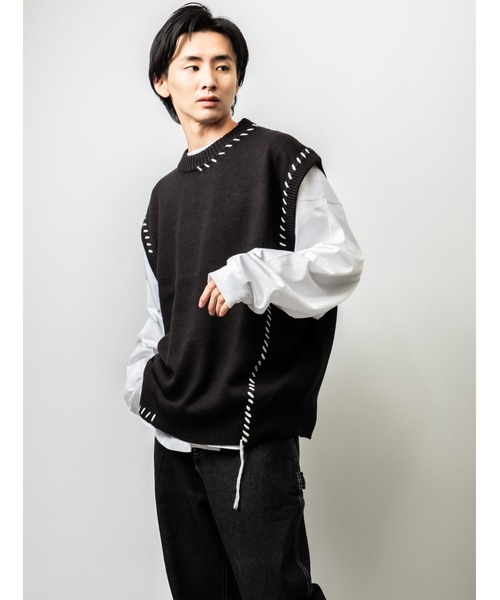 Beno(ビーノ)の「アシンメトリーハンドステッチニット オーバーシルエット クルーネックベスト(ベスト・メンズ・オフホワイト/ブラック/マスタード/グリーン・M/L)」の18枚目の写真