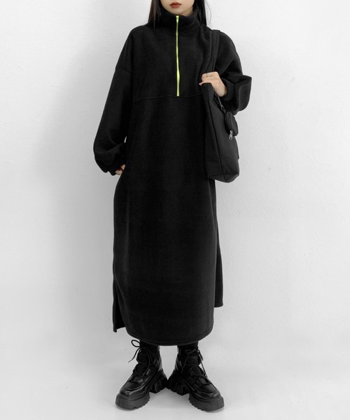 LVEU.（ラブユ.）の「Point color half zip fleece one-piece / ポイントカラーハーフジップフリースワンピース（ワンピース・レディース・ブラック・FREE）」の6枚目の写真