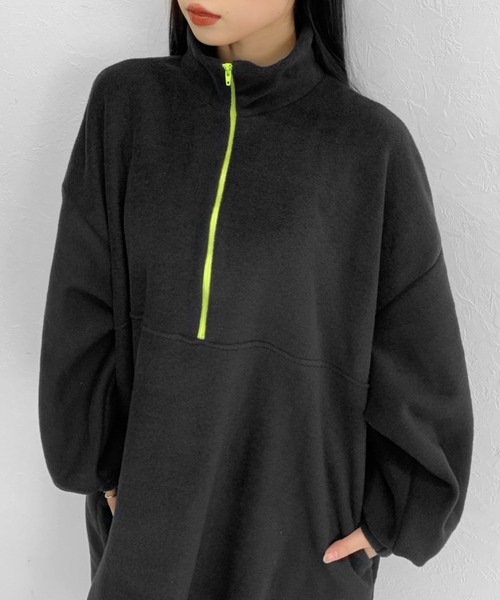 LVEU.（ラブユ.）の「Point color half zip fleece one-piece / ポイントカラーハーフジップフリースワンピース（ワンピース・レディース・ブラック・FREE）」の9枚目の写真