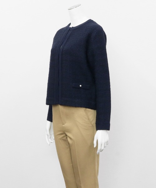 TOKYO SHIRTS（トウキョウシャツ）の「ツィード風ニットジャケット（ノーカラージャケット・レディース・ホワイト×グレー/ネイビー・M/L）」の7枚目の写真