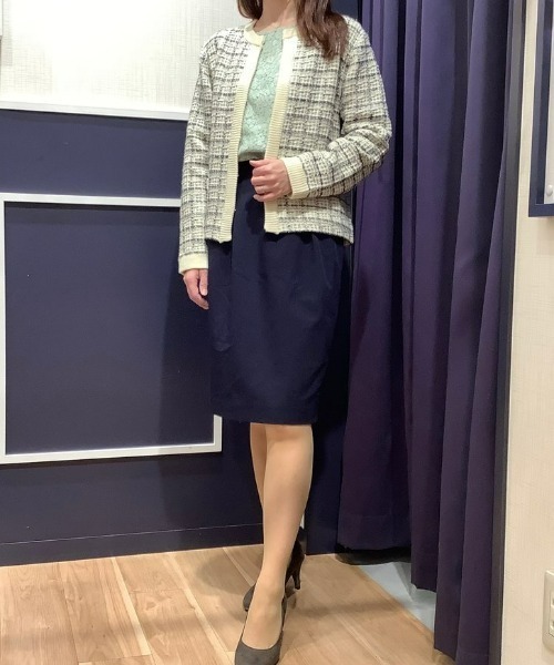 TOKYO SHIRTS（トウキョウシャツ）の「ツィード風ニットジャケット（ノーカラージャケット・レディース・ホワイト×グレー/ネイビー・M/L）」の12枚目の写真