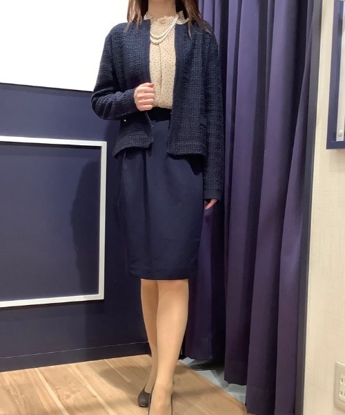 TOKYO SHIRTS（トウキョウシャツ）の「ツィード風ニットジャケット（ノーカラージャケット・レディース・ホワイト×グレー/ネイビー・M/L）」の15枚目の写真