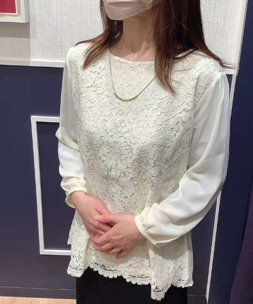 TOKYO SHIRTS(トウキョウシャツ)の「前身レース 七分袖ブラウス(シャツ/ブラウス・レディース・サックスブルー/ライトグリーン/アイボリー・M/L)」の3枚目の写真