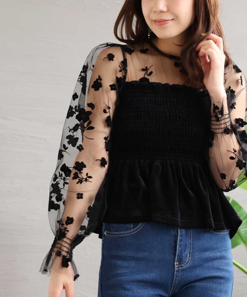 Sawa a la mode(サワアラモード)の「シアースリーブのベロアペプラムトップス(Tシャツ/カットソー・レディース・ブラック・FREE)」の1枚目の写真