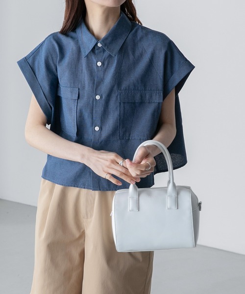 BONLECILL(ボンルシール)の「ダンガリーデニム フレンチスリーブクロップドシャツ(シャツ/ブラウス・レディース・ネイビー/サックスブルー/ブルー・FREE)」の10枚目の写真