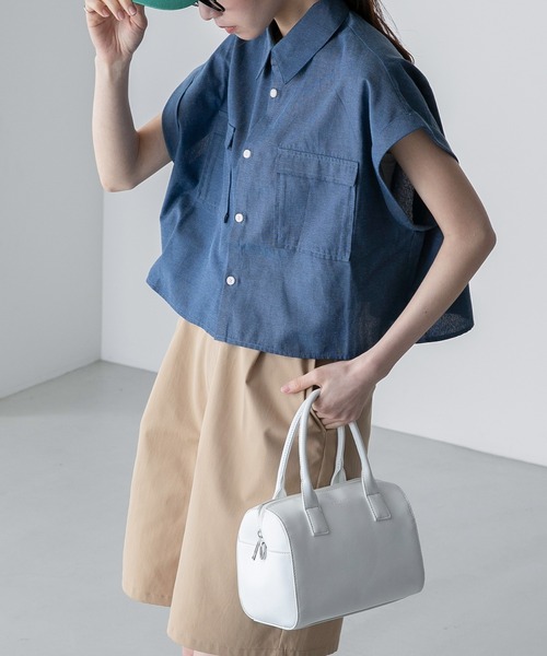 BONLECILL(ボンルシール)の「ダンガリーデニム フレンチスリーブクロップドシャツ(シャツ/ブラウス・レディース・ネイビー/サックスブルー/ブルー・FREE)」の6枚目の写真