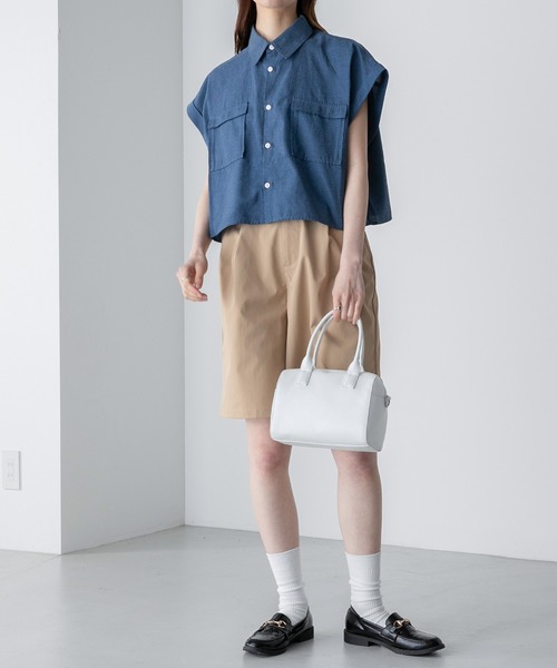 BONLECILL(ボンルシール)の「ダンガリーデニム フレンチスリーブクロップドシャツ(シャツ/ブラウス・レディース・ネイビー/サックスブルー/ブルー・FREE)」の14枚目の写真