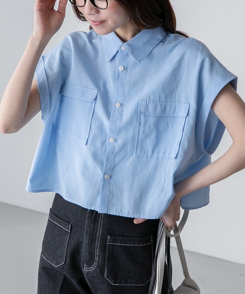 BONLECILL(ボンルシール)の「ダンガリーデニム フレンチスリーブクロップドシャツ(シャツ/ブラウス・レディース・ネイビー/サックスブルー/ブルー・FREE)」の7枚目の写真