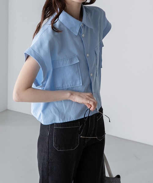 BONLECILL(ボンルシール)の「ダンガリーデニム フレンチスリーブクロップドシャツ(シャツ/ブラウス・レディース・ネイビー/サックスブルー/ブルー・FREE)」の15枚目の写真