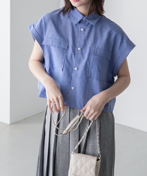 BONLECILL(ボンルシール)の「ダンガリーデニム フレンチスリーブクロップドシャツ(シャツ/ブラウス・レディース・ネイビー/サックスブルー/ブルー・FREE)」の16枚目の写真