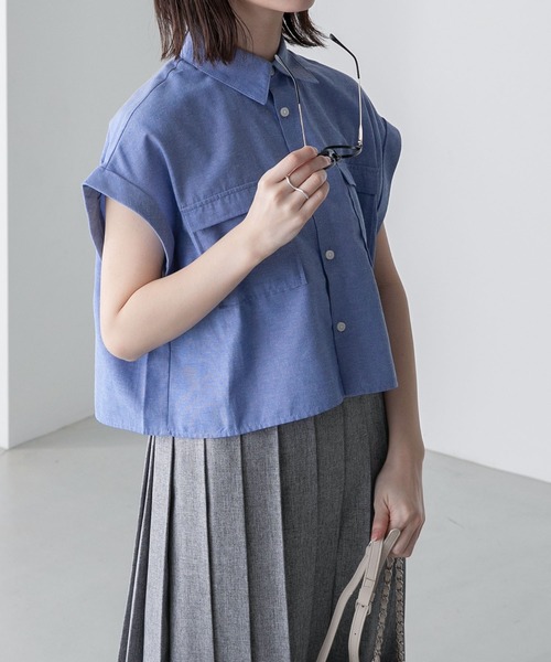 BONLECILL(ボンルシール)の「ダンガリーデニム フレンチスリーブクロップドシャツ(シャツ/ブラウス・レディース・ネイビー/サックスブルー/ブルー・FREE)」の21枚目の写真