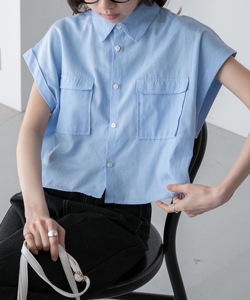 BONLECILL(ボンルシール)の「ダンガリーデニム フレンチスリーブクロップドシャツ(シャツ/ブラウス・レディース・ネイビー/サックスブルー/ブルー・FREE)」の5枚目の写真