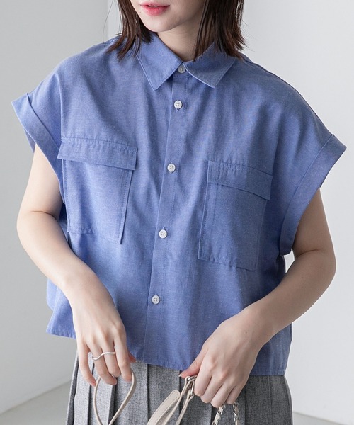 BONLECILL(ボンルシール)の「ダンガリーデニム フレンチスリーブクロップドシャツ(シャツ/ブラウス・レディース・ネイビー/サックスブルー/ブルー・FREE)」の4枚目の写真