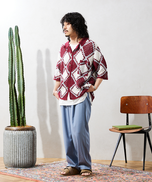 JOURNAL STANDARD relume（ジャーナルスタンダード　レリューム）の「CALIFORNIA クロシェアミ 半袖ニットシャツ "DAIYA"（シャツ/ブラウス・メンズ・ブラック/キャメル/ワインレッド・MEDIUM/LARGE）」の7枚目の写真