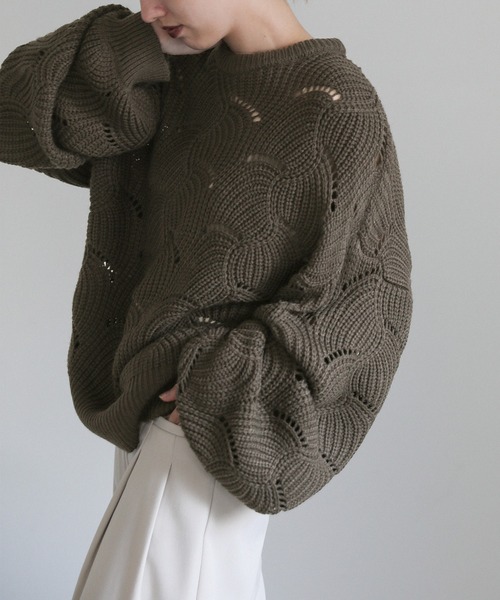 select MOCA（セレクトモカ）の「リーフモチーフボリュームニット（ニット/セーター・レディース・アイボリー/ブラック/カーキ・FREE）」の12枚目の写真