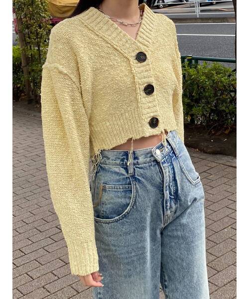 EMODA（エモダ）の「クラッシュリブショートカーディガン（カーディガン/ボレロ・レディース・イエロー/パープル/アイボリー/ブラック・FREE）」の6枚目の写真