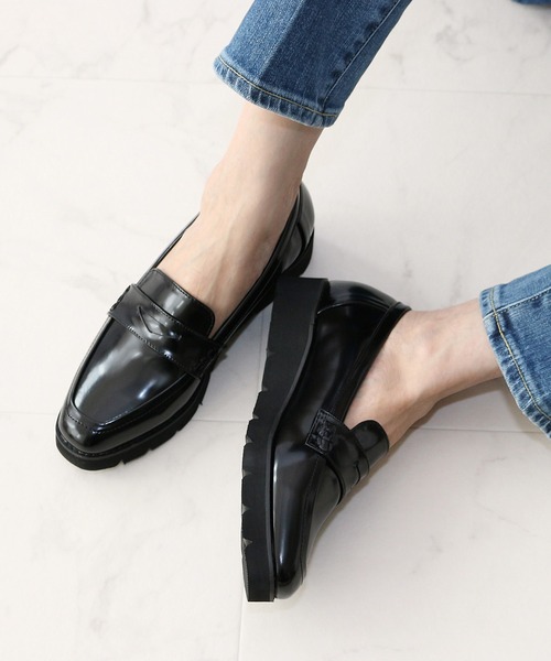 【セール】スクエアトゥ厚底コインローファー【低反発スポンジ入り】（ローファー）｜Fin（フィン）