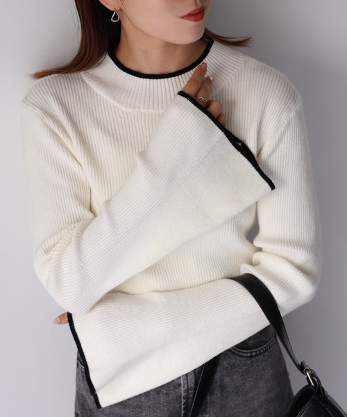 セール】バイカラーフレアスリーブリブハイネックニット（ニット