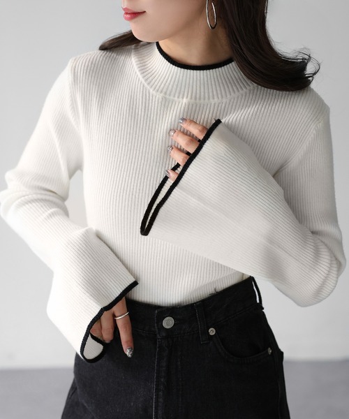 セール】バイカラーフレアスリーブリブハイネックニット（ニット