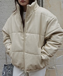 スタンドカラーPUレザー中綿ダウンジャケット