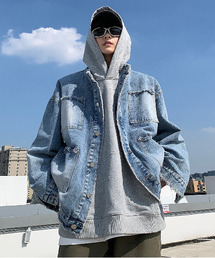 neos（ネオス）の「【neos -addictive design-】ルーズシルエット ノーカラー ビンテージウォッシュ ダメージ加工 デニム ジャケット（デニムジャケット）」