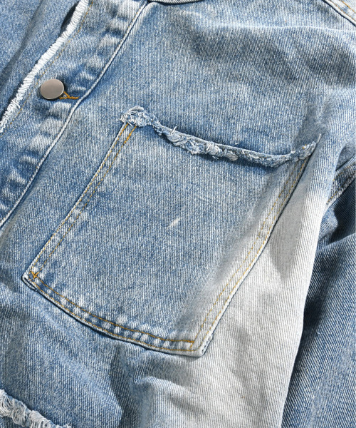 neos（ネオス）の「【neos -addictive design-】ルーズシルエット ノーカラー ビンテージウォッシュ ダメージ加工 デニム ジャケット（デニムジャケット・メンズ・ブルー・MEDIUM/LARGE/X-LARGE）」の10枚目の写真