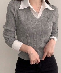 VIVID LADY | シャツレイヤード長袖ニット配色 トップス(ニット/セーター)