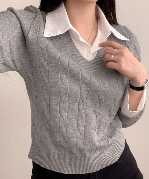 セール】シャツレイヤード長袖ニット配色 トップス（ニット