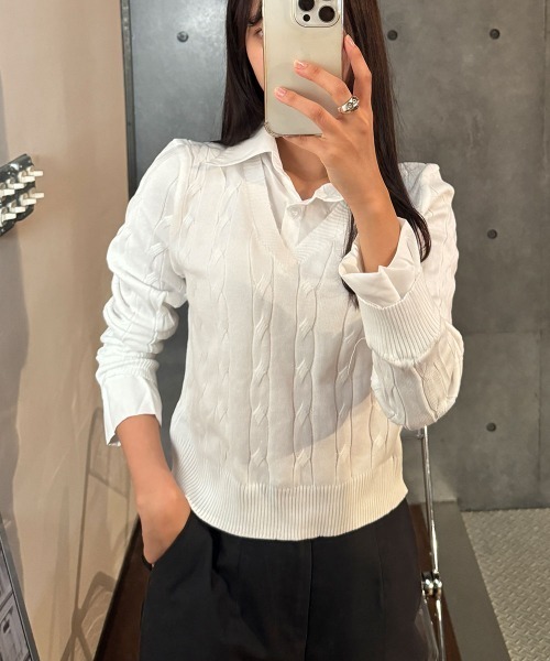 VIVID LADY(ビビッドレディー)の「シャツレイヤード長袖ニット配色 トップス(ニット/セーター・レディース・グレー/ベージュ/ブラック/カーキ/アイボリー・FREE)」の6枚目の写真