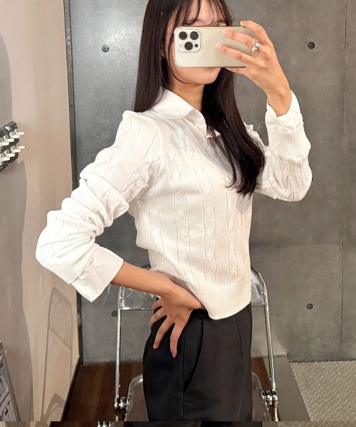 VIVID LADY(ビビッドレディー)の「シャツレイヤード長袖ニット配色 トップス(ニット/セーター・レディース・グレー/ベージュ/ブラック/カーキ/アイボリー・FREE)」の9枚目の写真