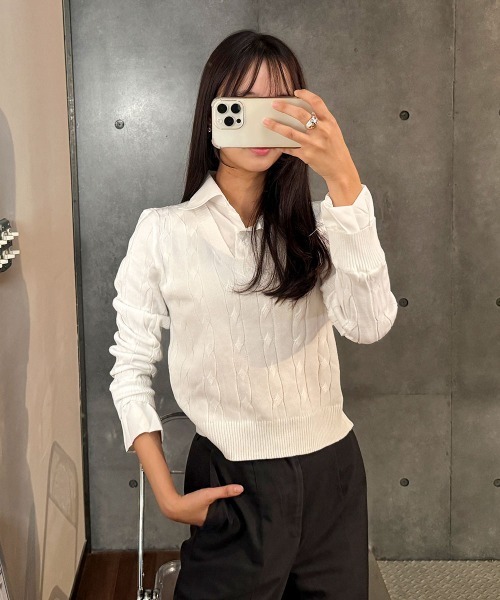 VIVID LADY(ビビッドレディー)の「シャツレイヤード長袖ニット配色 トップス(ニット/セーター・レディース・グレー/ベージュ/ブラック/カーキ/アイボリー・FREE)」の10枚目の写真