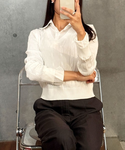 VIVID LADY(ビビッドレディー)の「シャツレイヤード長袖ニット配色 トップス(ニット/セーター・レディース・グレー/ベージュ/ブラック/カーキ/アイボリー・FREE)」の11枚目の写真