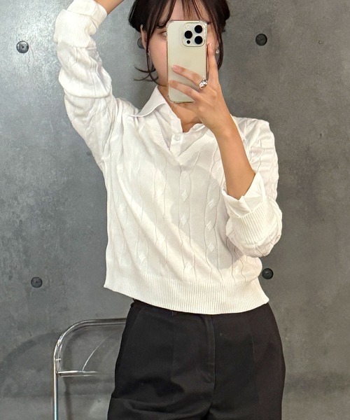 VIVID LADY(ビビッドレディー)の「シャツレイヤード長袖ニット配色 トップス(ニット/セーター・レディース・グレー/ベージュ/ブラック/カーキ/アイボリー・FREE)」の13枚目の写真