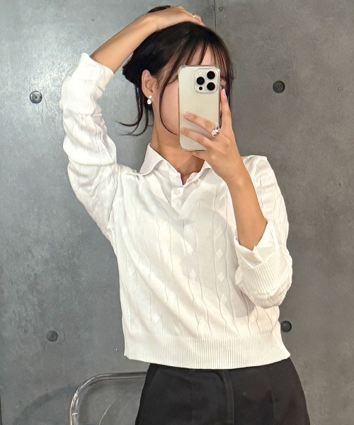 VIVID LADY(ビビッドレディー)の「シャツレイヤード長袖ニット配色 トップス(ニット/セーター・レディース・グレー/ベージュ/ブラック/カーキ/アイボリー・FREE)」の14枚目の写真