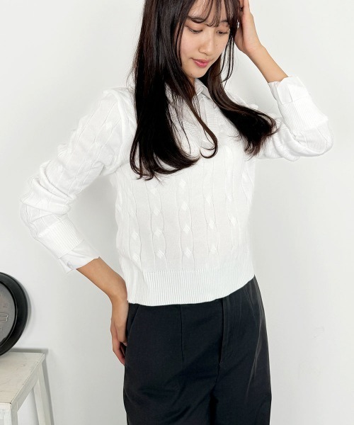 VIVID LADY(ビビッドレディー)の「シャツレイヤード長袖ニット配色 トップス(ニット/セーター・レディース・グレー/ベージュ/ブラック/カーキ/アイボリー・FREE)」の18枚目の写真