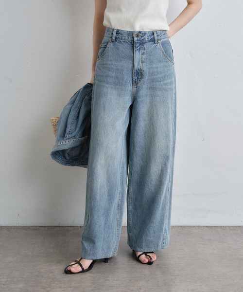 PUAL CE CIN(ピュアルセシン)の「【S/Mサイズ展開】ワイドバギーコットンリネンデニム(デニムパンツ・レディース・インディゴブルー/サックスブルー・MEDIUM/SMALL)」の2枚目の写真