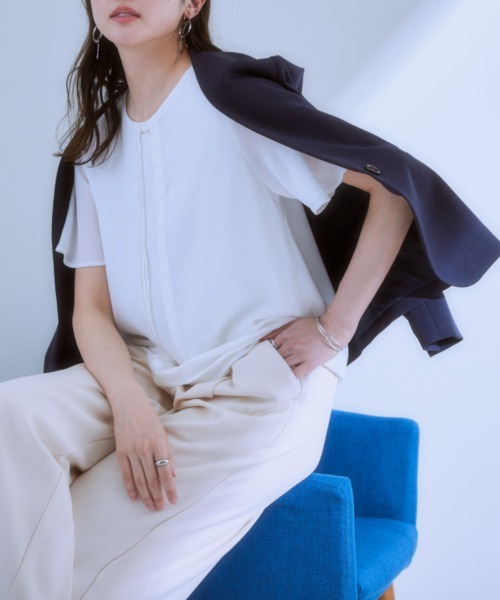 7days Life Styling（セブンデイズライフスタイリング）の「ピンタックメタルパーツ付半袖ブラウス（カットソー裏地付）（シャツ/ブラウス・レディース・ブラック/オフホワイト・L/M/LL）」の9枚目の写真