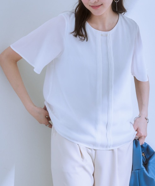 7days Life Styling（セブンデイズライフスタイリング）の「ピンタックメタルパーツ付半袖ブラウス（カットソー裏地付）（シャツ/ブラウス・レディース・ブラック/オフホワイト・L/M/LL）」の14枚目の写真
