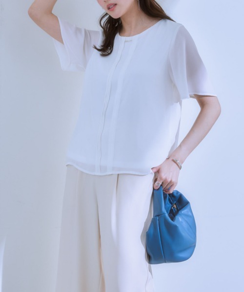 7days Life Styling（セブンデイズライフスタイリング）の「ピンタックメタルパーツ付半袖ブラウス（カットソー裏地付）（シャツ/ブラウス・レディース・ブラック/オフホワイト・L/M/LL）」の16枚目の写真