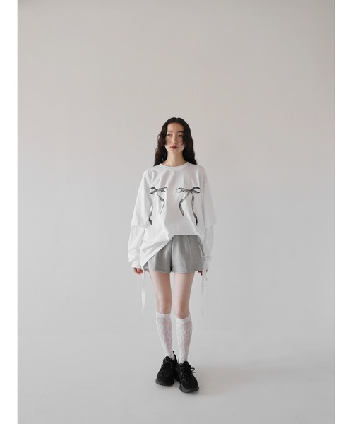 Uenui(ウニュイ)の「【ZOZO限定】リボン プリント レイヤード トップス オーバーサイズ(Tシャツ/カットソー・レディース・ホワイト/チャコールグレー/グレー・FREE)」の22枚目の写真