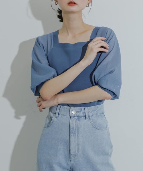 HEYUMM（ヘユム）の「シアーボリュームスリーブセーター(5分袖)（ニット/セーター・レディース・ブラック/オレンジ/ライトブルー・ONE）」の19枚目の写真