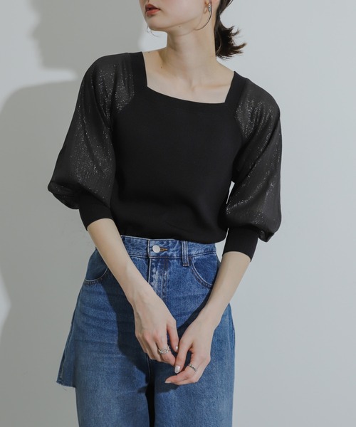 HEYUMM（ヘユム）の「シアーボリュームスリーブセーター(5分袖)（ニット/セーター・レディース・ブラック/オレンジ/ライトブルー・ONE）」の2枚目の写真